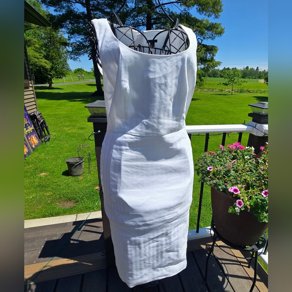 Ann Taylor White Herringbone Linen Sheath Dress - Picture 3 of 10